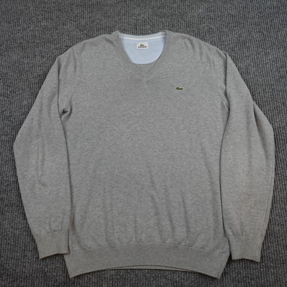 Lacoste Sweater Mens 5 Large Gray Cotton V Neck Knit Pullover Long Sleeve Logo